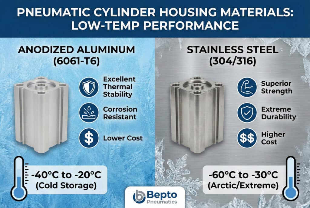 Infografika koja upoređuje materijale kućišta pneumatskih cilindara za rad na niskim temperaturama. Lijeva strana prikazuje anodizirani aluminij (6061-T6) za hladno skladištenje (-40°C do -20°C), ističući izvrsnu toplotnu stabilnost, otpornost na koroziju i nižu cijenu. Desna strana prikazuje nehrđajući čelik (304/316) za arktičke/ekstremne uslove (-60°C do -30°C), naglašavajući superiornu čvrstoću, izuzetnu izdržljivost i višu cijenu. Obje strane imaju termometre koji pokazuju raspone temperatura i smještene su na pozadini prekrivenoj mrazom i ledom, s logom Bepto Pneumatics na dnu.