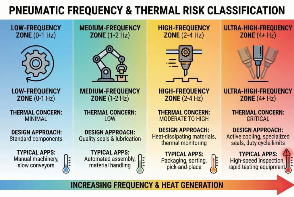 ภาพประกอบอินโฟกราฟิกหัวข้อ "การจำแนกความเสี่ยงด้านความถี่และอุณหภูมิของระบบนิวแมติก" แบ่งออกเป็นสี่โซนสี (จากน้ำเงินไปแดง) แสดงความถี่ที่เพิ่มขึ้นจากต่ำ (0-1 Hz) ไปจนถึงสูงมาก (4+ Hz) แต่ละโซนจะแสดงรายละเอียดเกี่ยวกับความกังวลด้านอุณหภูมิ วิธีการออกแบบ และการใช้งานทั่วไป พร้อมด้วยไอคอนและเทอร์โมมิเตอร์ที่บ่งชี้ความร้อนที่เพิ่มขึ้น.