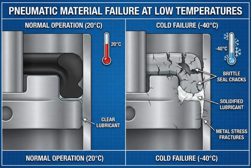 Tehnička ilustracija koja upoređuje poprečni presjek pneumatskog klipa pod normalnim uslovima (20 °C) na lijevoj strani i uslovima otkaza na hladno (-40 °C) na desnoj strani. Lijeva ploča prikazuje fleksibilnu crnu brtvu i prozirno mazivo, dok desna ploča ističe napuklu, krhku brtvu, očvrsnulo bijelo mazivo i metalne pukotine od naprezanja.