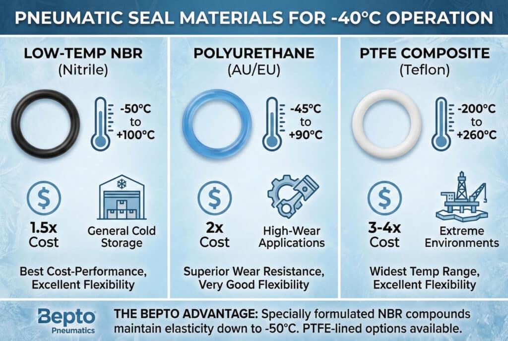 Infografika za usporedbu materijala pneumatskih brtvi za rad na -40 °C, koja sadrži tri stupca za NBR za niske temperature, poliuretan i PTFE kompozit. Svaki stupac prikazuje temperaturni raspon materijala, faktor troškova, najbolju primjenu i ključne prednosti, uz završni odjeljak koji ističe prednost Bepto.
