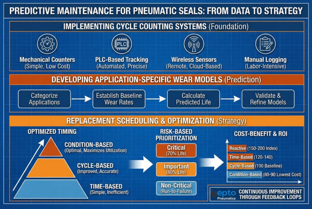 อินโฟกราฟิกเชิงเทคนิคบนพื้นหลังแบบพิมพ์เขียวที่มีชื่อว่า "การบำรุงรักษาเชิงคาดการณ์สำหรับซีลนิวแมติก: จากข้อมูลสู่กลยุทธ์" แบ่งออกเป็นสามส่วน: ส่วนบนสุดแสดงรายละเอียด "การนำระบบนับรอบการทำงานมาใช้" (เชิงกล, PLC, ไร้สาย, แมนนวล)ตรงกลางเป็นแผนผังการไหลสำหรับ "การพัฒนาแบบจำลองการสึกหรอตามการใช้งานเฉพาะ"ส่วนล่างสุด "การกำหนดตารางเวลาและการเพิ่มประสิทธิภาพการเปลี่ยนทดแทน" เปรียบเทียบกลยุทธ์ตามเวลา กลยุทธ์ตามรอบ และกลยุทธ์ตามสภาพ ผ่านแผนภาพพีระมิด สรุป "การจัดลำดับความสำคัญตามความเสี่ยง" และนำเสนอแผนภูมิ "ต้นทุน-ผลประโยชน์และผลตอบแทนจากการลงทุน" ที่แสดงต้นทุนต่ำสุดสำหรับกลยุทธ์ตามสภาพ.
