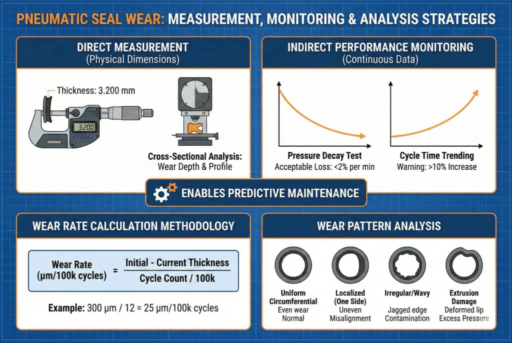อินโฟกราฟิกทางเทคนิคหัวข้อ "การสึกหรอของซีลนิวแมติก: กลยุทธ์การวัด การตรวจสอบ และการวิเคราะห์" บนพื้นหลังแบบพิมพ์เขียว ส่วนบนสุดแสดงรายละเอียดวิธีการ "การวัดโดยตรง" โดยใช้ไมโครมิเตอร์และเครื่องเปรียบเทียบเชิงแสงสำหรับขนาดทางกายภาพ และ "การตรวจสอบประสิทธิภาพทางอ้อม" โดยใช้กราฟแนวโน้มการลดลงของความดันและเวลาในการทำงานสำหรับข้อมูลต่อเนื่อง ซึ่งช่วยให้สามารถบำรุงรักษาเชิงพยากรณ์ได้ส่วนล่างอธิบาย "วิธีการคำนวณอัตราการสึกหรอ" พร้อมสูตรและตัวอย่าง และ "การวิเคราะห์รูปแบบการสึกหรอ" ที่แสดงรูปแบบการสึกหรอทั่วไปสี่แบบ: การสึกหรอแบบสม่ำเสมอรอบวง, การสึกหรอเฉพาะจุด (การไม่ตรงแนว), การสึกหรอไม่สม่ำเสมอ/เป็นคลื่น (การปนเปื้อน), และความเสียหายจากการอัดตัว.