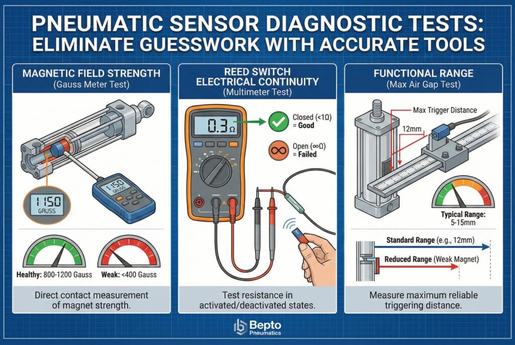 Tehnička infografika koja detaljno prikazuje tri dijagnostička testa za pneumatske senzore: 1. Test jačine magnetskog polja pomoću gausmetra za provjeru ispravnosti magneta cilindra (zdravi raspon 800–1200 Gaus). 2. Test električne provodnosti Reed prekidača pomoću multimetra za verifikaciju funkcije prekidača s vanjskim magnetom (zatvoreni krug <1 Ω je dobar). 3. Test funkcionalnog raspona mjerenjem maksimalne udaljenosti zračnog jaza za pouzdano aktiviranje (tipičan raspon 5-15 mm).