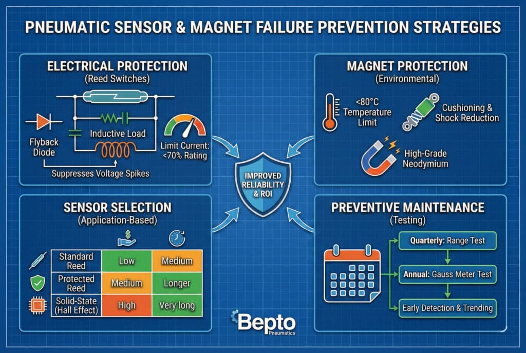 Tehnička infografika koja detaljno prikazuje četiri strategije za sprečavanje kvara pneumatskih senzora i magneta. Panel "Električna zaštita" ilustrira upotrebu flyback dioda za suzbijanje prenaponskih udara na lamelnim prekidačima. "Zaštita od magneta" navodi okolišna ograničenja poput temperature (<80°C) i smanjenja udaraca. "Odabir senzora" uspoređuje trošak i vijek trajanja standardnih lamelnih, zaštićenih lamelnih i čvrsto-stanjskih senzora. "Preventivno održavanje" prikazuje raspored kvartalnih testova raspona i godišnjih testova gausmetra za rano otkrivanje. U središtu dijagrama je štit koji predstavlja poboljšanu pouzdanost i povrat ulaganja (ROI).