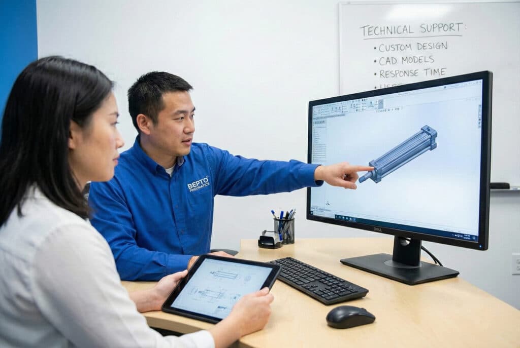 מהנדס תמיכה טכנית מחברת Bepto Pneumatics דן עם לקוח על מודל CAD מותאם אישית של צילינדר.