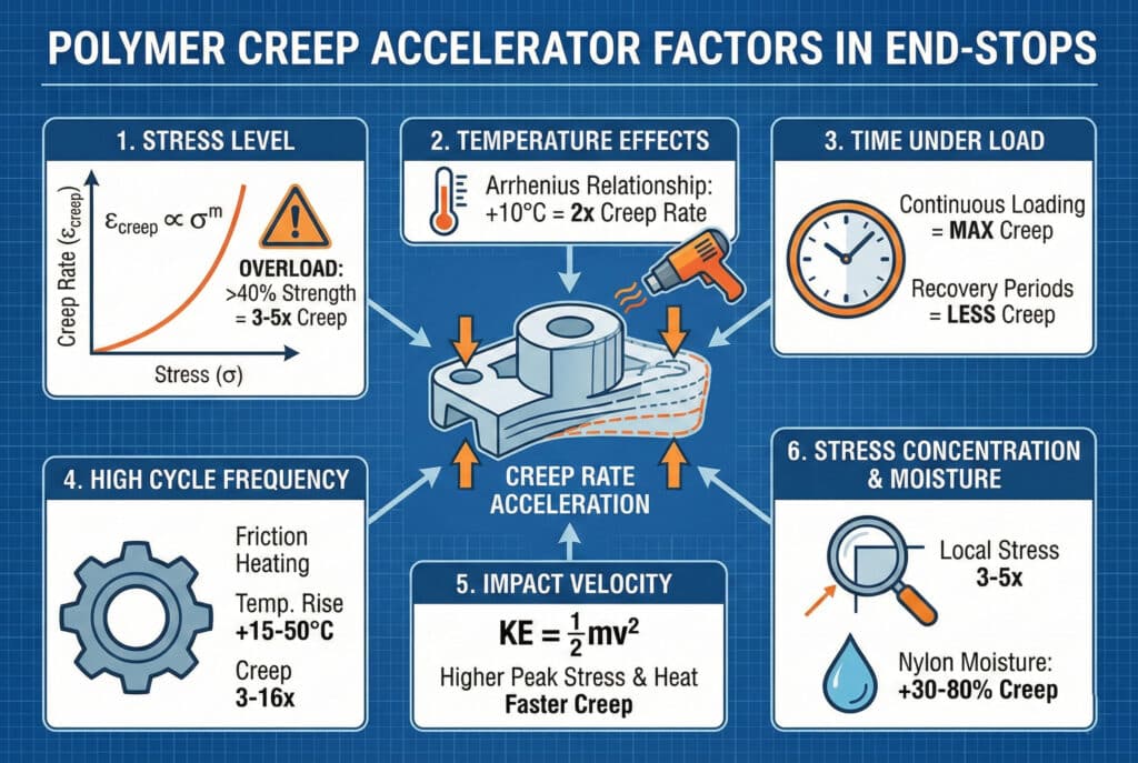 อินโฟกราฟิกทางเทคนิคบนพื้นหลังแบบพิมพ์เขียวที่มีชื่อว่า "ปัจจัยเร่งการไหลของพอลิเมอร์ในจุดหยุด" มีส่วนประกอบจุดหยุดที่เสียรูปอยู่ตรงกลาง ล้อมรอบด้วยแผงหกแผง แต่ละแผงแสดงรายละเอียดปัจจัยพร้อมไอคอนและข้อความ: "1. ระดับความเครียด" (พร้อมกราฟและคำเตือนการโอเวอร์โหลด), "2. ผลกระทบของอุณหภูมิ" (พร้อมความสัมพันธ์แบบ Arrhenius), "3."เวลาภายใต้แรง" (มีไอคอนนาฬิกา), "4. ความถี่รอบสูง" (มีไอคอนเฟืองและการให้ความร้อนจากแรงเสียดทาน), "5. ความเร็วในการกระแทก" (มีสูตรพลังงานจลน์), และ "6. การรวมความเครียดและความชื้น" (มีไอคอนแว่นขยายและหยดน้ำ) ลูกศรเชื่อมต่อทุกปัจจัยเข้ากับการเปลี่ยนรูปตรงกลาง.