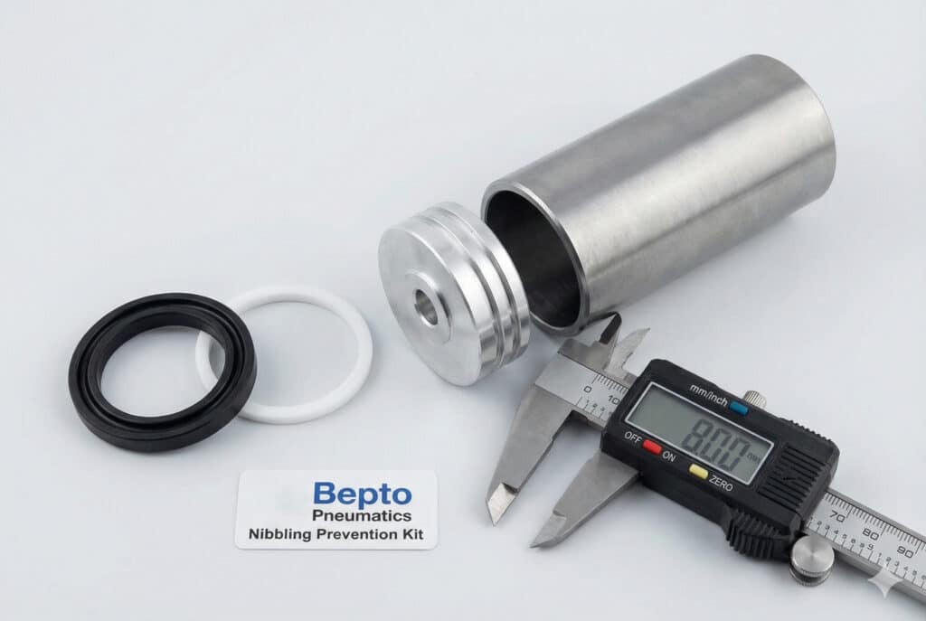 ภาพถ่ายผลิตภัณฑ์ของชุดป้องกันการกัดกร่อนของ Bepto Pneumatics ซึ่งประกอบด้วยลูกสูบความแม่นยำสูง, ท่อสูบที่ถูกขัดเงา, ซีล, แหวนสำรอง, และแคลิเปอร์สำหรับวัดชิ้นส่วน.