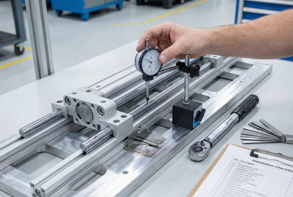 טכנאי משתמש במד חיוג עם בסיס מגנטי כדי למדוד את המקבילות של צילינדר ללא מוט ומסילות ההנחיה שלו על מתקן. על שולחן העבודה נראים מפרידי דיוק, מפתח ברגים, מדדי עובי וטופס בדיקה להתקנה, הממחישים את שיטות העבודה המומלצות ליישור מדויק.