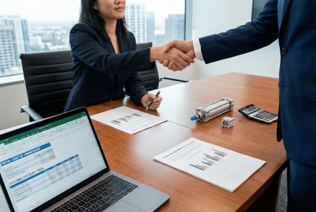שני אנשי עסקים לוחצים ידיים מעל שולחן ישיבות, כשעל השולחן מונחים מסמכים עם הכותרות "עלות בעלות כוללת" ו"דרגות הנחה על פי נפח", לצד צילינדר פנאומטי ומחשבון.