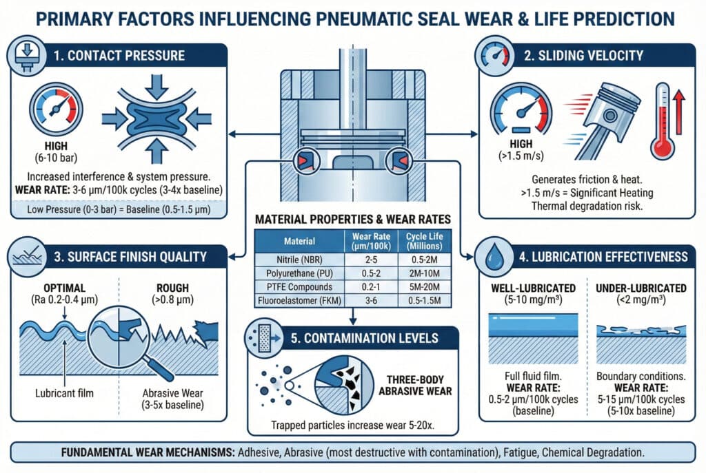 อินโฟกราฟิกทางเทคนิคหัวข้อ "ปัจจัยหลักที่มีผลต่อการสึกหรอและการทำนายอายุการใช้งานของซีลนิวแมติก" แสดงภาพตัดขวางของกระบอกสูบนิวแมติกตรงกลางล้อมรอบด้วยแผงห้าแผงที่แสดงรายละเอียดปัจจัยการสึกหรอที่สำคัญ: 1. แรงกดสัมผัส (แสดงอัตราการสึกหรอที่เพิ่มขึ้นที่แรงดันสูง), 2. ความเร็วในการเลื่อน (เน้นความเสี่ยงของการเสียดสีและการเสื่อมสภาพทางความร้อน), 3.คุณภาพผิวสำเร็จ (เปรียบเทียบผิวที่เหมาะสมกับผิวหยาบและการสึกหรอจากการขัดถูที่เกิดขึ้น), 4. ประสิทธิภาพการหล่อลื่น (เปรียบเทียบการสึกหรอพื้นฐานที่มีการหล่อลื่นดีกับการสึกหรอสูงที่หล่อลื่นไม่เพียงพอ), และ 5. ระดับการปนเปื้อน (อธิบายการสึกหรอจากการขัดถูแบบสามองค์ประกอบ).ตารางเปรียบเทียบอัตราการสึกหรอและอายุการใช้งานตามรอบสำหรับวัสดุไนไตรล์, โพลียูรีเทน, PTFE และฟลูออโรอีลาสโตเมอร์ ส่วนท้ายระบุกลไกการสึกหรูพื้นฐาน: การยึดติด, การขัดสี, การล้า, และการเสื่อมสภาพทางเคมี.