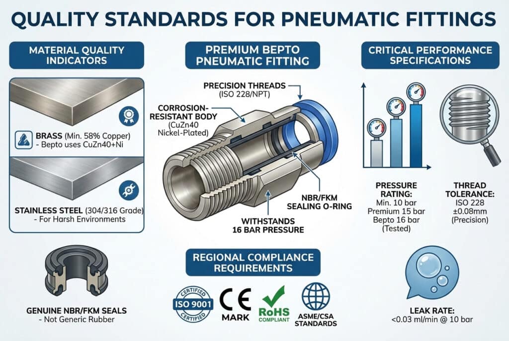 אינפוגרפיקה שכותרתה "תקני איכות לאביזרי פנאומטיקה" ממחישה את אמות המידה העיקריות. תרשים חתך מרכזי של "אביזר פנאומטי Premium Bepto" מדגיש תכונות כגון הברגות מדויקות (ISO 228/NPT), גוף מצופה ניקל CuZn40 עמיד בפני קורוזיה, וטבעת O-ring אטומה NBR/FKM העמידה בלחץ של 16 בר. החלקים הסובבים מפרטים אינדיקטורים לאיכות החומר עבור פליז ופלדת אל-חלד, מפרטי ביצועים קריטיים עם גרפים השוואתיים ללחץ, סובלנות הברגה ושיעור דליפה, ודרישות תאימות אזוריות עם לוגו ISO 9001, CE, RoHS ו-ASME/CSA.