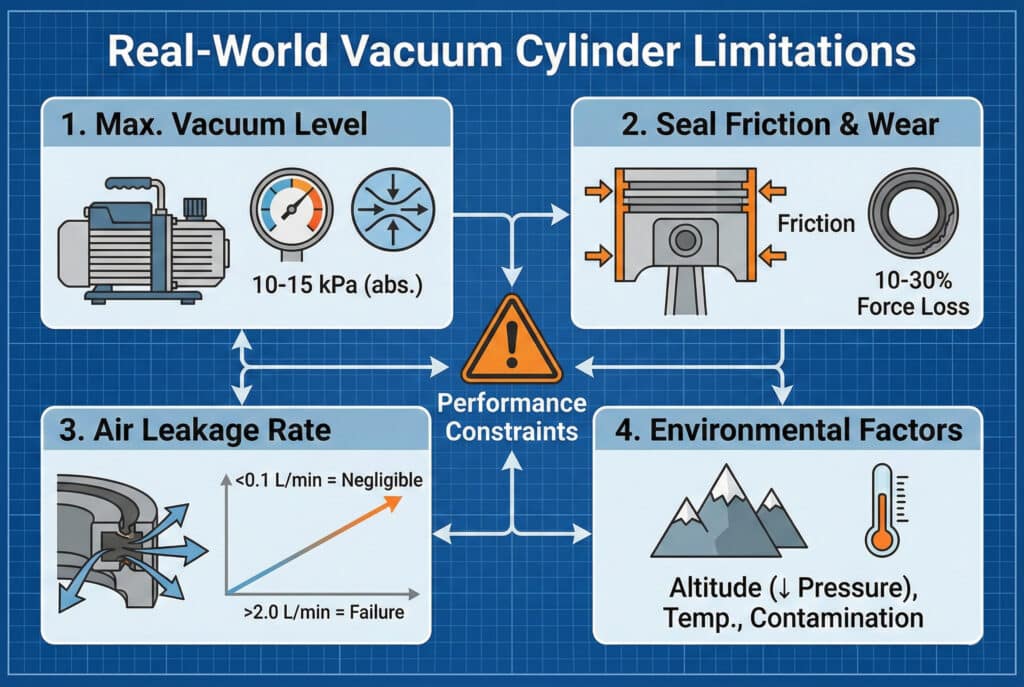 อินโฟกราฟิกทางเทคนิคบนพื้นหลังแบบพิมพ์เขียวที่มีชื่อว่า "ข้อจำกัดของกระบอกสูญญากาศในโลกจริง" แสดงปัจจัยสี่ประการที่เชื่อมโยงกันซึ่งจำกัดประสิทธิภาพ: ระดับสูญญากาศสูงสุดที่สามารถทำได้ (10-15 kPa abs.), แรงเสียดทานและการสึกหรอของซีลที่ส่งผลให้เกิดการสูญเสียแรง 10-30%, อัตราการรั่วไหลของอากาศที่เพิ่มขึ้นซึ่งนำไปสู่ความล้มเหลว และปัจจัยด้านสิ่งแวดล้อมเช่น ระดับความสูงและอุณหภูมิ.