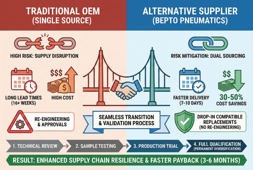 Poređiva infografika koja ilustruje prednosti korištenja alternativnog dobavljača poput Bepto Pneumatics za smanjenje rizika u lancu snabdijevanja. Lijeva strana prikazuje visoke rizike tradicionalnog OEM jednostrukog nabavljanja, uključujući prekide u opskrbi i visoke troškove. Desna strana ističe prednosti dvostrukog nabavljanja s alternativnim dobavljačem, kao što su ublažavanje rizika, brža isporuka (7–10 dana) i uštede od 30–50%, uz centralni most koji simbolizira neometan prijelaz.