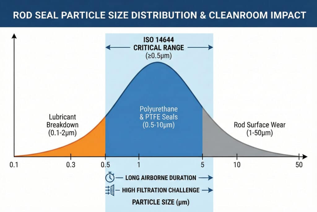 Tehnički grafikon koji ilustrira raspodjelu veličine čestica brtvene površine klipa, ističući kritični ISO 14644 raspon (0,5–5 μm) u kojem poliuretanske i PTFE brtve stvaraju najviše kontaminacije. Također prikazuje doprinose razgradnje maziva (submikronske čestice) i habanja površine klipa (veće čestice), naglašavajući dugotrajni boravak čestica u zraku i izazov filtracije čestica u kritičnom rasponu.