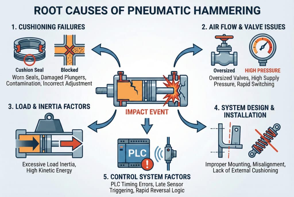 อินโฟกราฟิกที่แสดงสาเหตุหลักห้าประการของการกระแทกด้วยลม ซึ่งทั้งหมดนำไปสู่ "เหตุการณ์กระแทก" ในกระบอกสูบที่เสียหาย สาเหตุถูกจัดกลุ่มเป็นห้าหมวดหมู่พร้อมไอคอนและข้อความอธิบาย:1. ความล้มเหลวของวัสดุรองรับ (เช่น ซีลที่สึกหรอ), 2. ปัญหาการไหลของอากาศและวาล์ว (เช่น แรงดันสูง), 3. ปัจจัยด้านโหลดและแรงเฉื่อย (เช่น โหลดเกิน), 4. การออกแบบและติดตั้งระบบ (เช่น การติดตั้งไม่ถูกต้อง), และ 5. ปัจจัยของระบบควบคุม (เช่น ข้อผิดพลาดในการตั้งเวลาของ PLC).
