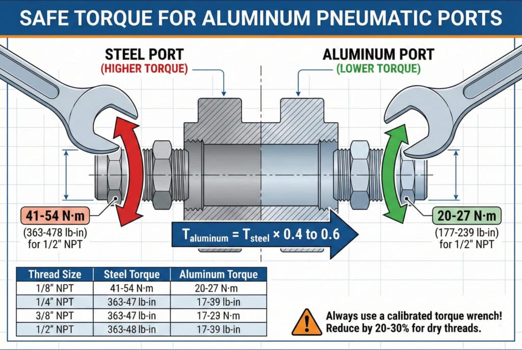 อินโฟกราฟิกทางเทคนิคที่แสดงข้อมูลจำเพาะของแรงบิดที่ปลอดภัยสำหรับพอร์ตนิวเมติกอลูมิเนียมเมื่อเทียบกับพอร์ตเหล็ก โดยแสดงให้เห็นอย่างชัดเจนว่าอลูมิเนียมต้องการแรงบิดที่ต่ำกว่ามาก (T_อลูมิเนียม = T_เหล็ก × 0.4 ถึง 0.6) โดยแสดงค่า N·m และ lb-in ที่เฉพาะเจาะจงสำหรับข้อต่อขนาด 1/2" NPT ตารางด้านล่างแสดงช่วงแรงบิดที่แนะนำสำหรับเกลียว NPT ขนาด 1/8", 1/4", 3/8" และ 1/2" ในเหล็กและอลูมิเนียม พร้อมคำเตือนให้ใช้ประแจวัดแรงบิดที่ปรับเทียบแล้ว.