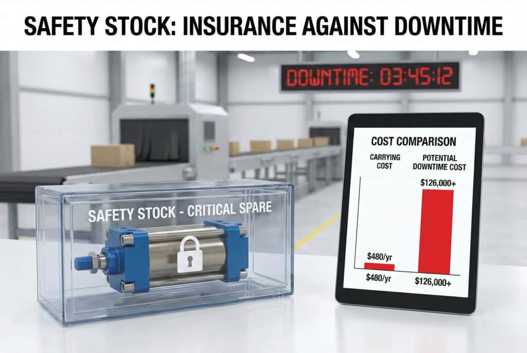 Vizualni prikaz finansijskih koristi od sigurnosnih zaliha, prikazuje cilindar "CRITICAL SPARE" u zaštićenom futrolu pored tableta koji prikazuje komparaciju stupcima gdje "POTENTIAL DOWNTIME COST" ($126,000+) znatno nadmašuje "CARRYING COST" ($480/godišnje), na pozadini proizvodne linije sa satom "VRIJEME STANKE".