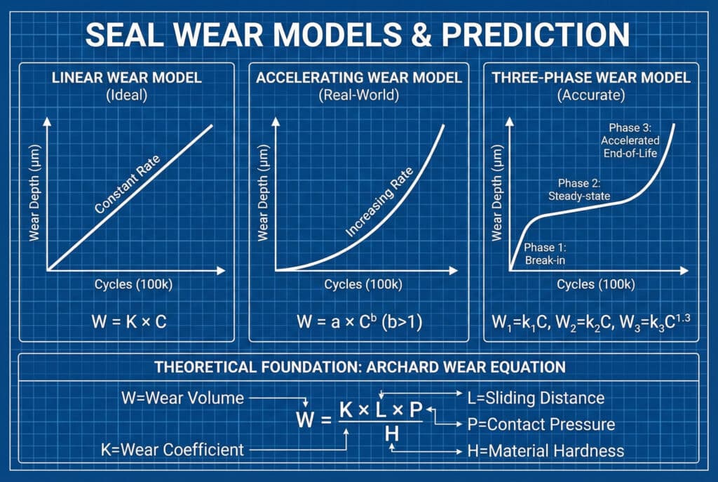 อินโฟกราฟิกเชิงเทคนิคบนพื้นหลังแบบพิมพ์เขียวที่มีชื่อว่า "แบบจำลองการสวมใส่ของ SEAL และการคาดการณ์"แสดงกราฟสามกราฟที่เปรียบเทียบแบบจำลองการสึกหรอ: "แบบจำลองการสึกหรอเชิงเส้น (อุดมคติ)" ด้วยเส้นตรงอัตราคงที่; "แบบจำลองการสึกหรอแบบเร่ง (ในโลกจริง)" ด้วยเส้นโค้งอัตราที่เพิ่มขึ้น; และ "แบบจำลองการสึกหรอสามเฟส (แม่นยำ)" แสดงช่วงเริ่มต้นการปรับตัว, สภาวะคงที่, และช่วงปลายชีวิตที่เร่งตัวใต้กราฟ จะแสดง "ฐานทฤษฎี: สมการการสึกหรอของอาร์ชาร์ด" พร้อมสูตร W = K × L × P / H โดยมีการระบุตัวแปรสำหรับปริมาณการสึกหรอ, ค่าสัมประสิทธิ์การสึกหรอ, ระยะทางที่เลื่อน, แรงกดสัมผัส, และความแข็งของวัสดุ.