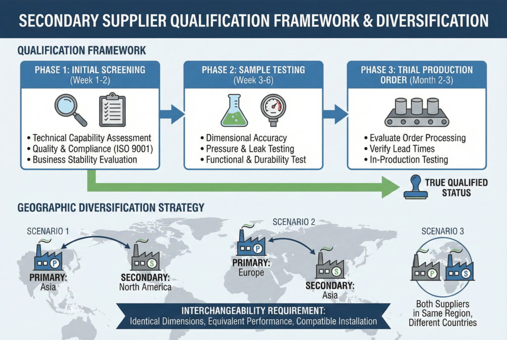 Infografika pod nazivom "OKVIR KVALIFIKACIJE SEKUNDARNIH DOBavljača I DIVERZIFIKACIJE". Gornji dio prikazuje proces u tri faze (početno screening, testiranje uzoraka, probna proizvodna narudžba) koji vodi do "ISTINSKOG KVALIFIKOVANOG STATUSA". Donji dio ilustrira "STRATEGIJU GEOGRAFSKE DIVERZIFIKACIJE" sa mapom svijeta koja prikazuje tri scenarija lokacija primarnih i sekundarnih dobavljača, te banerom koji ističe "ZAHTJEV ZA MEĐUSOBNU ZAMJENJIVOST" komponenti.