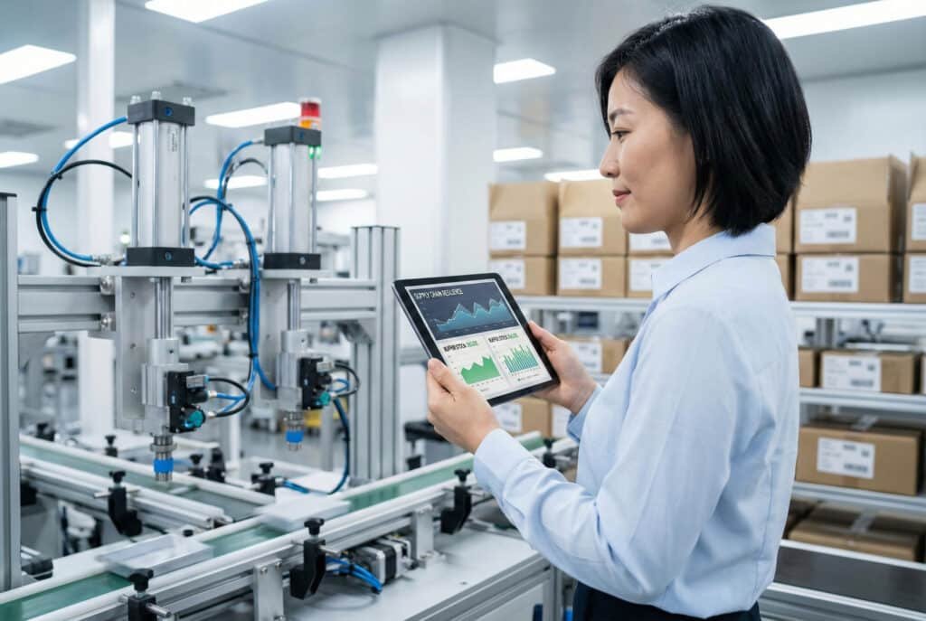 Eine weibliche Betriebsleiterin in einer sauberen Fabrikumgebung, die Daten zur Lieferkette auf einem Tablet neben einem pneumatischen Fließband und Regalen mit Lagerbeständen überwacht.