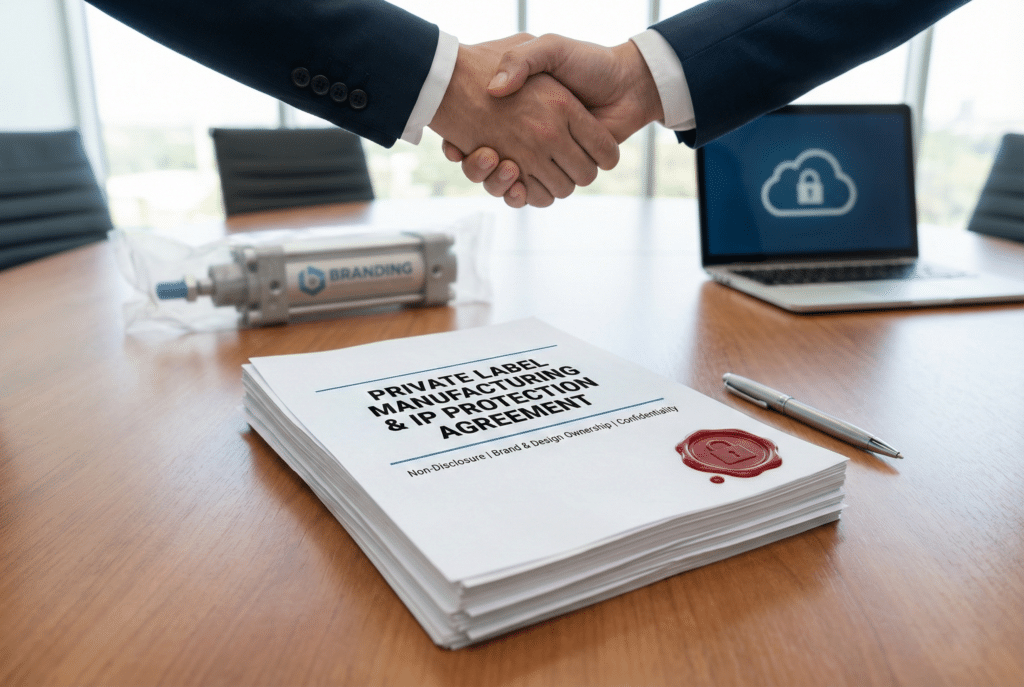 Profesionalna fotografija prikazuje rukovanje između dvojice poslovnih ljudi nad ugovorom "PRIVATE LABEL MANUFACTURING & IP PROTECTION AGREEMENT" na drvenom konferencijskom stolu. Dokument ima crveni vosak pečat s ikonom lokota. U pozadini su vidljivi pneumatski cilindar s logom "BRANDING" i laptop na kojem je prikazana ikona sigurnog oblaka.