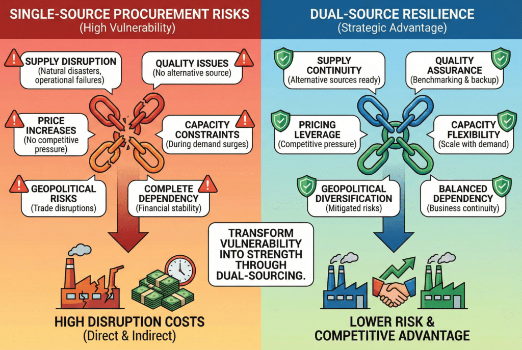Infografika sa podijeljenim ekranom koja uspoređuje strategije nabave. Lijevi panel, obojen u crveno i označen kao "Rizici nabave od jednog dobavljača (visoka ranjivost)", prikazuje prekinute lance koji dovode do visokih troškova poremećaja, ističući specifične rizike poput prekida opskrbe, problema s kvalitetom i povećanja cijena. Desni panel, obojen plavo i zeleno i označen kao "Otpornost dvostrukog izvora (strateška prednost)", prikazuje jake, međusobno povezane lance koji vode do nižeg rizika i konkurentske prednosti, navodeći prednosti kao što su kontinuitet opskrbe, utjecaj na cijene i fleksibilnost kapaciteta. U središnjem tekstualnom okviru piše: "Pretvorite ranjivost u snagu kroz dvostruko snabdijevanje."