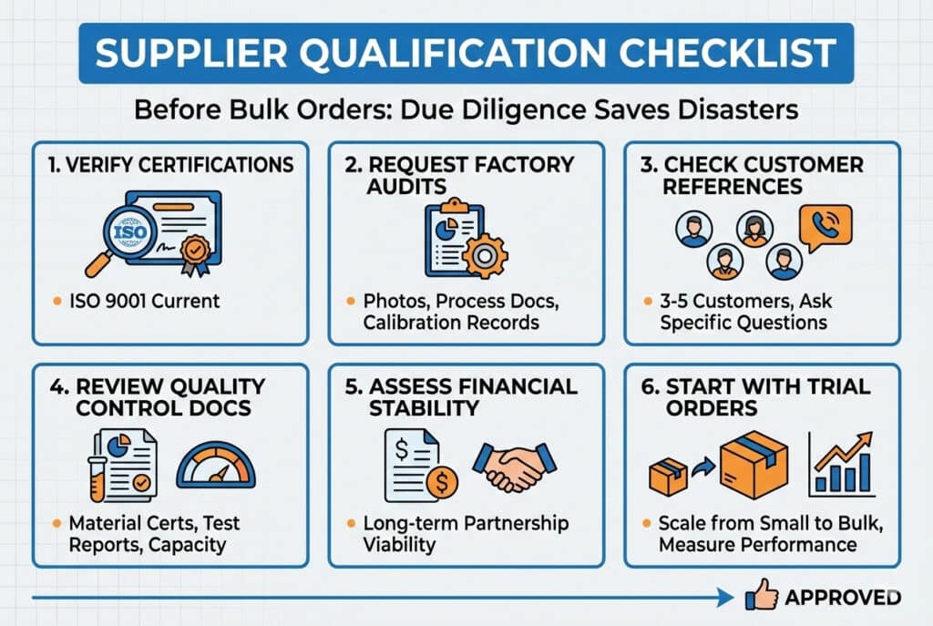 אינפוגרפיקה שכותרתה "רשימת בדיקה לאישור ספקים: לפני הזמנות בכמויות גדולות: בדיקת נאותות מונעת אסונות". היא מכילה שישה לוחות עם סמלים ונקודות: 1. אימות אישורים (ISO 9001), 2. בקשת ביקורות מפעל (תמונות, מסמכי תהליך), 3. בדוק את המלצות הלקוחות (3-5 לקוחות), 4. סקור מסמכי בקרת איכות (תעודות חומרים, דוחות בדיקה), 5. הערך את היציבות הפיננסית (כדאיות שותפות לטווח ארוך) ו-6. התחל בהזמנות ניסיון (בהיקף קטן עד גדול). חץ בתחתית מצביע על סמל אגודל למעלה עם הכיתוב "מאושר".