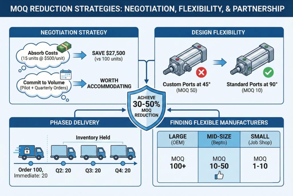 Infografika pod naslovom "STRATEGIJE ZA SNIŽENJE MINIMALNE KOLIČINE NARUDŽBE: PREGOVARANJE, FLEKSIBILNOST I PARTNERSTVO" sa četiri panela. Gornji lijevi panel, "STRATEGIJA PREGOVARANJA", prikazuje apsorbiranje troškova radi uštede novca i obavezu na budući obim. Desni gornji panel, "FLEKSIBILNOST DIZAJNA," uspoređuje prilagođene priključke (MOQ 50) sa standardnim priključcima (MOQ 10). Donji lijevi panel, "FASIZIRANA ISPORUKA", ilustrira naručivanje 100 jedinica s faznim isporukama. Donji desni panel, "PRONALAŽENJE FLEKSIBILNIH PROIZVOĐAČA", je matrica koja prikazuje Bepto kao proizvođača srednje veličine s umjerenom minimalnom narudžbom (MOQ) (10-50). Centralni štit ističe "POSTIŽITE SMANJENJE MOQ ZA 30-50%"."