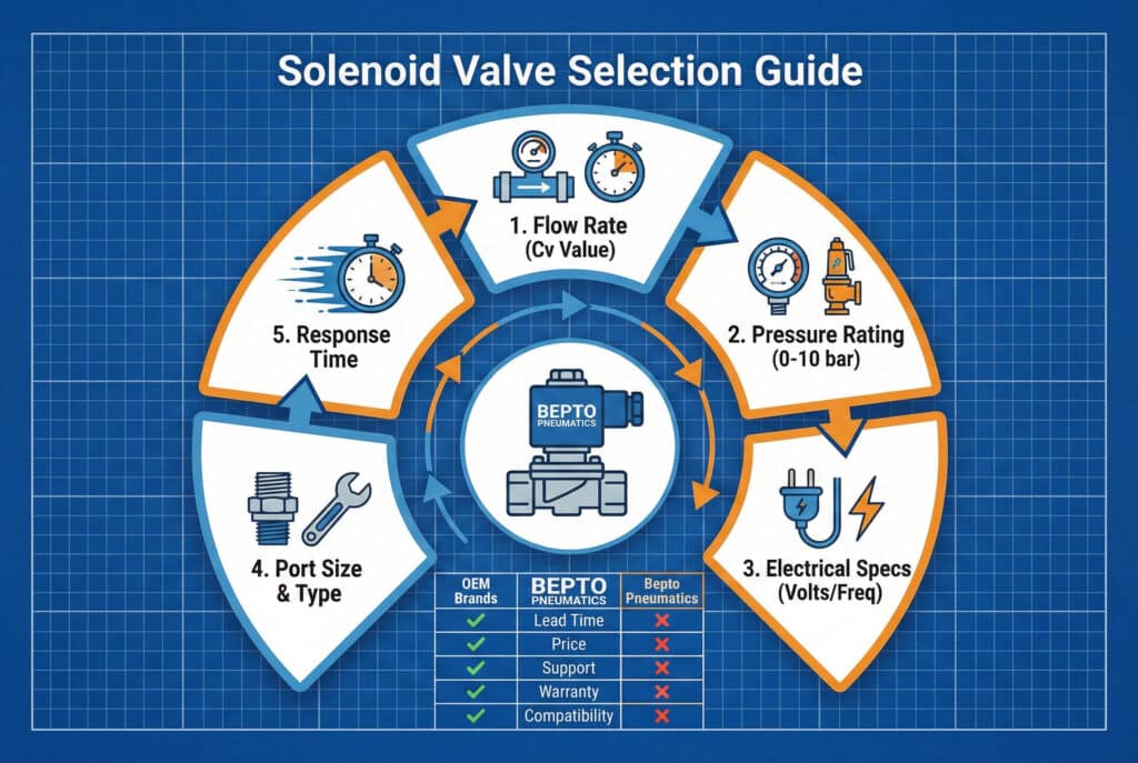 Tehnička infografika na pozadini nacrta pod nazivom "Vodič za odabir solenoidnih ventila", koja ilustrira kružni proces u pet koraka za odabir ventila, usredotočen na ikonu ventila Bepto Pneumatics. Pet koraka su: 1. Protok (vrijednost Cv), 2. Radni tlak (0-10 bar), 3. Električne specifikacije (volti/frekvencija), 4. Veličina i tip priključka, i 5. Vrijeme odziva, svaki sa odgovarajućim ikonama. Ispod glavnog dijagrama nalazi se tabela za poređenje sa zelenim kvačicama za "OEM brendove" i crvenim križevima za "Bepto Pneumatics" u kategorijama kao što su rok isporuke, cijena, podrška, garancija i kompatibilnost.