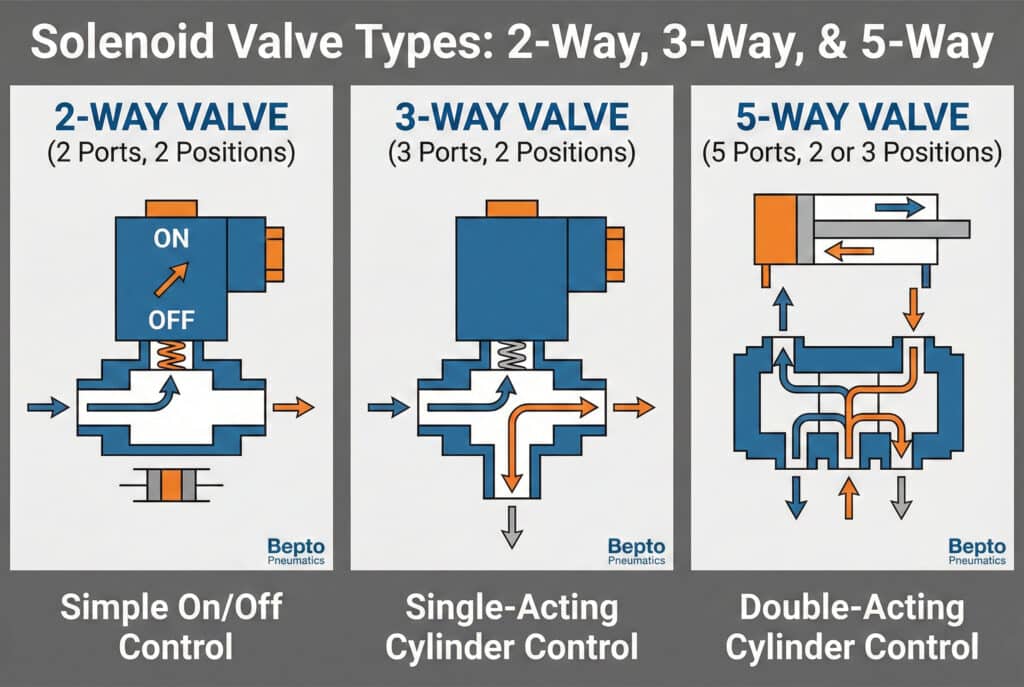 Infografika koja ilustrira tri glavna tipa solenoidnih ventila: dvoputni ventil (jednostavna kontrola uključivanje/isključivanje), troputni ventil (kontrola jednostrukog djelovanja cilindra) i petoputni ventil (kontrola dvostrukog djelovanja cilindra), prikazujući njihove konfiguracije priključaka i putanje protoka.
