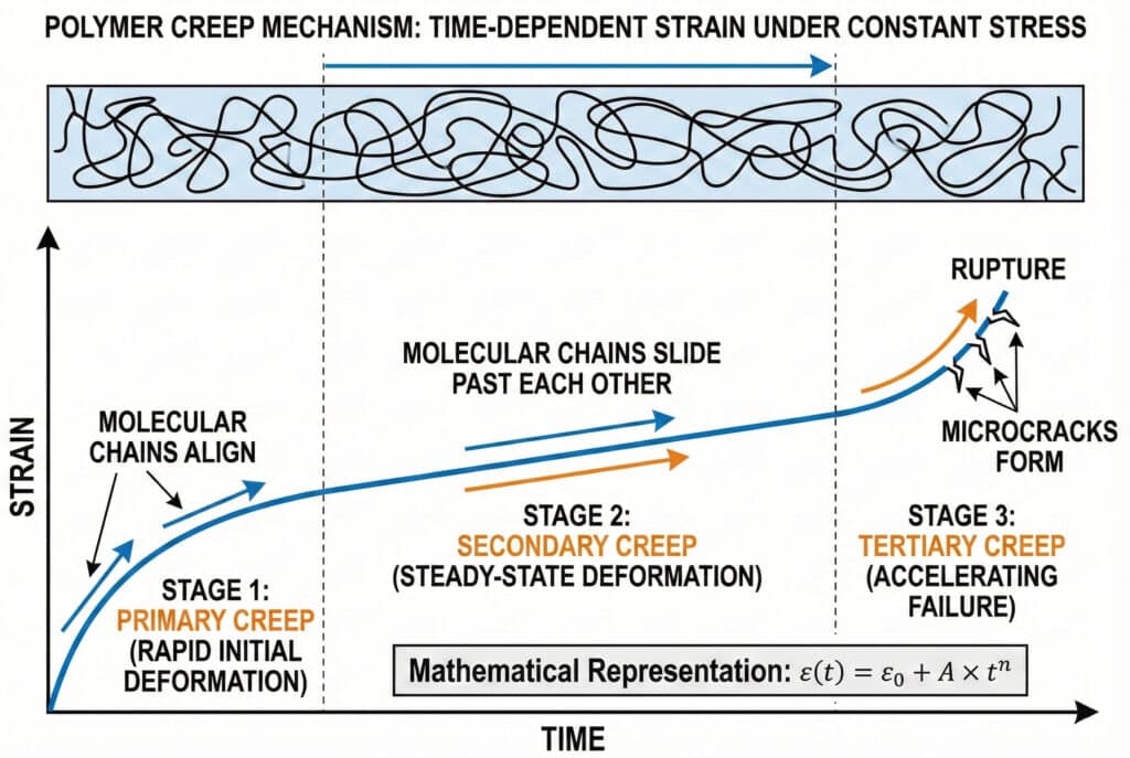 แผนภาพทางเทคนิคที่แสดงสามขั้นตอนของการเสียรูปจากการคืบของพอลิเมอร์—ขั้นต้น, ขั้นที่สอง, และขั้นที่สาม—ตามเวลาภายใต้แรงเครียดคงที่ กราฟแสดงการเพิ่มขึ้นของความเครียดผ่านการเสียรูปอย่างรวดเร็วในช่วงเริ่มต้น, การเสียรูปในสภาวะคงที่ (ซึ่งสายโมเลกุลเลื่อนผ่านกัน) และการล้มเหลวที่เร่งขึ้นนำไปสู่การแตกหัก พร้อมด้วยสูตรทางคณิตศาสตร์ที่ควบคุม.