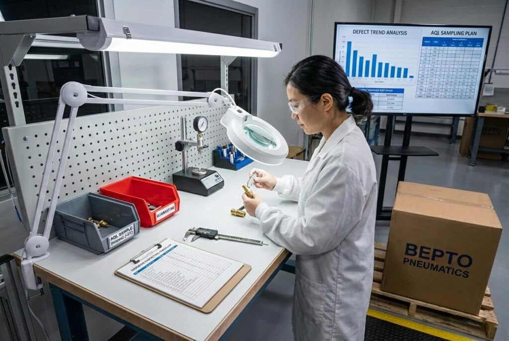 מפקחת בקרת איכות בחלוק מעבדה מבצעת בדיקה ויזואלית וממדית של אביזרי אוויר בתחנת עבודה ייעודית. היא משתמשת במדד הברגה ובמנורת מגדלת, עם קליפרים ורשימת בדיקה בסמוך. ברקע, על צג, מוצגים "ניתוח מגמות פגמים" וטבלה של "תוכנית דגימה AQL". על משטח ליד השולחן מונחת קופסה עם הכיתוב "BEPTO PNEUMATICS".