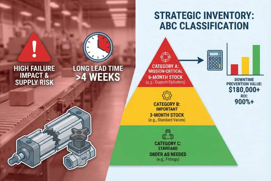 Infografika koja uspoređuje visok utjecaj kvara i rizike u opskrbi pneumatskih komponenti s dugim rokovima isporuke (>4 sedmice) u odnosu na stratešku ABC piramidu klasifikacije zaliha. Piramida definira kategorije A (kritično za misiju, zaliha za 6 mjeseci), B (važno, zaliha za 3 mjeseca) i C (standardno, narudžba po potrebi), pokazujući vrijednost prevencije zastoja veću od $180,000 i ROI od 900%+.