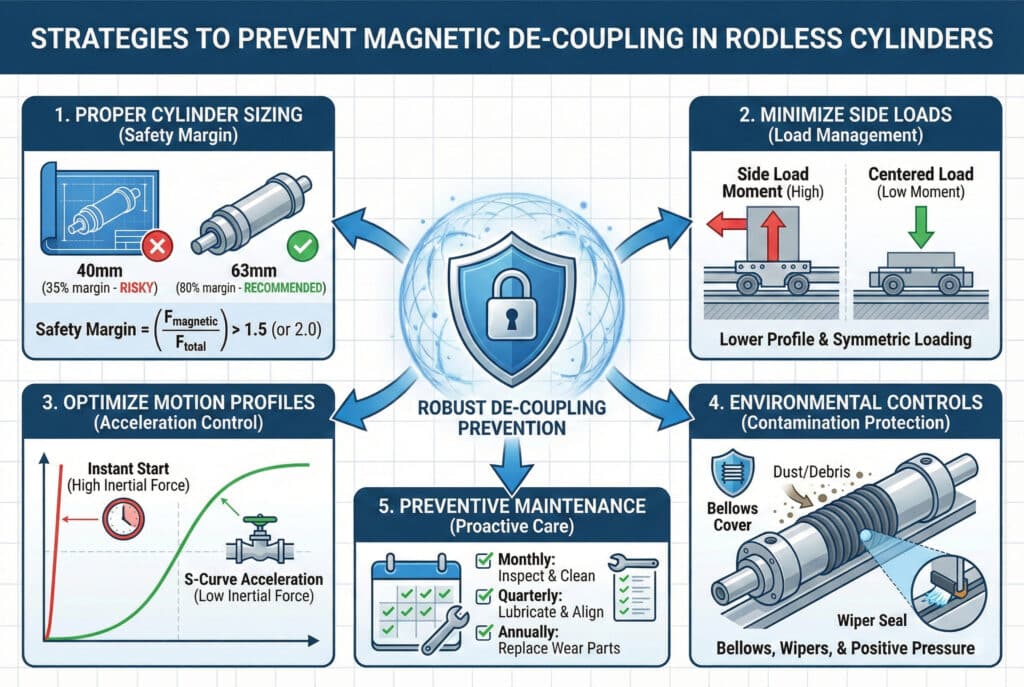 Tehnička infografika pod naslovom "Strategije za sprečavanje magnetskog odspajanja u cilindarima bez klipa." Centralna ikona štita s natpisom "Robustna prevencija odspajanja" povezuje se s pet numerisanih panela. Panel 1, "Pravilno dimenzioniranje cilindra", uspoređuje rizičan cilindar od 40 mm (margina 35%) s preporučenim cilindrom od 63 mm (margina 80%) i prikazuje formulu za sigurnosnu maržu. Panel 2, "Minimiziranje bočnih opterećenja", ilustrira upotrebu nižeg profila i simetričnog opterećenja za smanjenje momenata bočnog opterećenja. Panel 3, "Optimizacija profila kretanja", prikazuje grafikon "Ubrzanje S-krivulje" naspram "trenutnog pokretanja" kako bi se pokazale manje inercijske sile. Panel 4, "Zaštita od vanjskih utjecaja", prikazuje navlake od mekih opne i brtve-brisalice koje štite cilindar od prašine i nečistoća. Panel 5, "Preventivno održavanje", navodi raspored za mjesečnu inspekciju, tromjesečno podmazivanje i godišnju zamjenu dijelova.