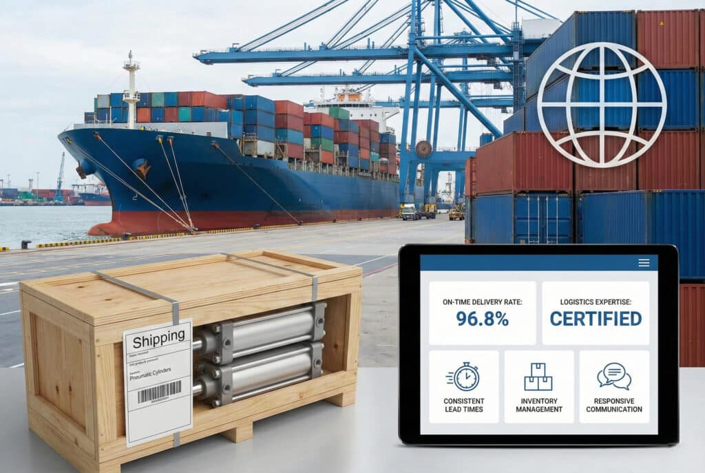 Profesionalna fotografija luke za otpremu s kontejnerima i velikim brodom, s tabletom u prvom planu na kojem se prikazuje logistička nadzorna ploča s natpisom "STOPA PRAVOVREMENE DOSTAVE: 96,81 TP3T", "LOGISTIČKA EKSPERTIZA: CERTIFICIRANO" i ikonama za rokove isporuke, zalihe i komunikaciju. Također je vidljiva paleta pneumatskih cilindara s otpremnom etiketom.