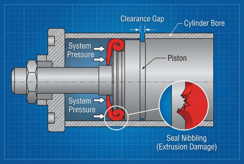 แผนภาพตัดขวางทางเทคนิคแสดงการกัดขอบของซีลในกระบอกไฮดรอลิก แสดงให้เห็นแรงดันในระบบที่บังคับให้ซีลสีแดงเข้าไปในช่องว่างระหว่างลูกสูบและรูเจาะ โดยมีภาพขยายที่เน้นความเสียหายจากการอัดตัวที่เกิดขึ้น.