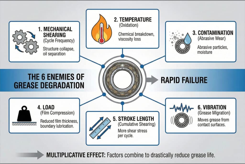 อินโฟกราฟิกที่มีชื่อว่า "6 ศัตรูของการเสื่อมสภาพของน้ำมันหล่อลื่น" แสดงปัจจัยหลักที่เร่งการเสื่อมสภาพของน้ำมันหล่อลื่น: 1. การเฉือนเชิงกล, 2. อุณหภูมิ, 3. การปนเปื้อน, 4. น้ำหนัก, 5. ความยาวการเคลื่อนที่, และ 6. การสั่นสะเทือน.ไอคอนลูกปืนกลางนำทางไปยัง "การล้มเหลวอย่างรวดเร็ว" ซึ่งเน้นย้ำถึง "ผลกระทบแบบทวีคูณ" ของปัจจัยที่รวมกันเหล่านี้ต่ออายุการใช้งานของน้ำมันหล่อลื่น.