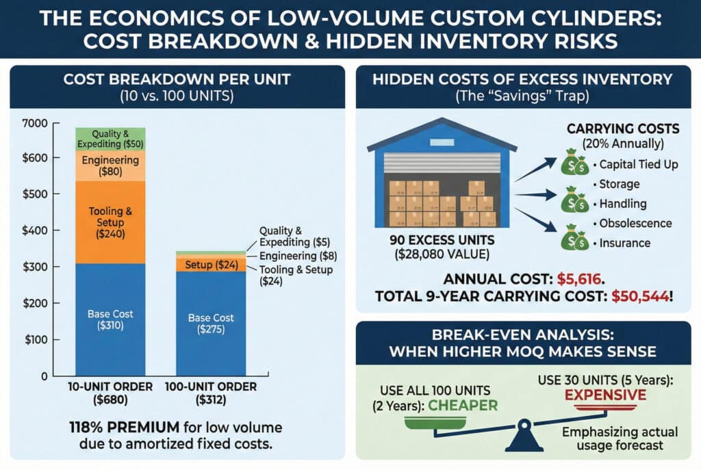 Infografika pod nazivom "Ekonomija cilindara male serije po narudžbi: razgradnja troškova i skriveni rizici zaliha." Lijevi panel prikazuje složeni stupac koji pokazuje značajnu premiju po jedinici (118%) za narudžbu od 10 jedinica ($680) u odnosu na narudžbu od 100 jedinica ($312) zbog amortiziranih fiksnih troškova poput troškova alata i inženjeringa. Desni panel ilustrira skrivene troškove držanja 90 jedinica viška zaliha, proračunavajući godišnje troškove držanja od $5,616 i ukupne troškove držanja od $50,544 za period od 9 godina. Donja ploča koristi vagu za analizu tačke pokrića, pokazujući da je veća minimalna narudžba (MOQ) isplativija samo ako se u potpunosti iskoristi u kratkom vremenskom periodu (npr. 2 godine), dok neiskorišteni zalihe tokom dužeg perioda (npr. 5 godina) postaju znatno skuplje.