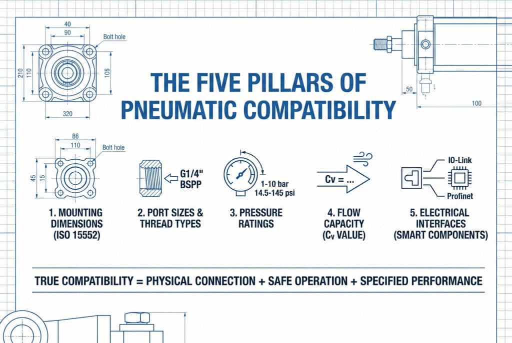 Tehnička infografika u stilu tehničkog crteža pod nazivom "PET STUBA PNEUMATSKE KOMPATIBILNOSTI". Ilustruje pet ključnih faktora pomoću ikona i detalja: 1. Dimenzije montaže (ISO 15552) sa dijagramima cilindara; 2. Veličine priključaka i vrste navoja, prikazujući G1/4" BSPP priključak; 3. Radni pritisci s mjeračem koji prikazuje 1–10 bar; 4. Protok (vrijednost Cv) s strelicom protoka; i 5. Električni interfejsi za pametne komponente s prikazom IO-Link i Profinet veza. Zaključna izjava na dnu definira istinsku kompatibilnost.