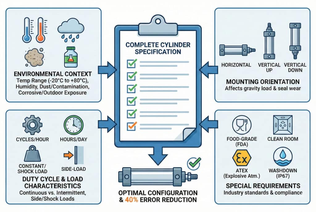 Infografika koja ilustrira kako pružanje potpunog konteksta okruženja i primjene dovodi do optimalne konfiguracije cilindra i smanjuje greške. Prikazuje četiri kategorije ključnih detalja — kontekst okruženja, karakteristike ciklusa rada i opterećenja, orijentacija montaže i posebni zahtjevi — koji se svi upisuju u centralnu kontrolnu listu "Potpuna specifikacija cilindra", što na kraju rezultira "Optimalnom konfiguracijom i smanjenjem grešaka 40%"."