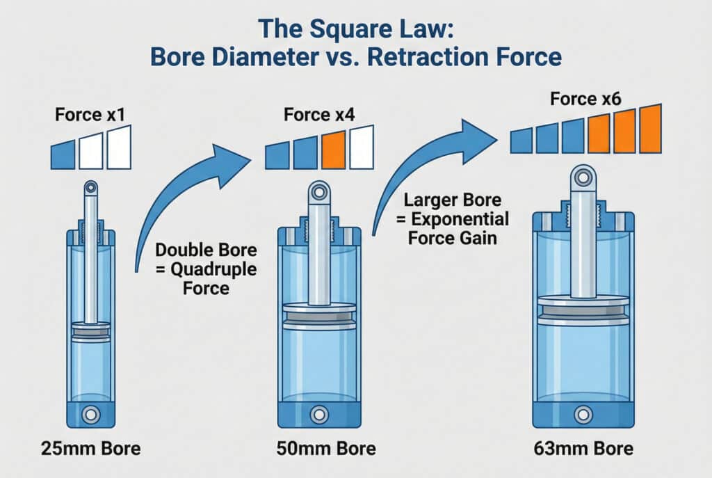 อินโฟกราฟิกแสดง "กฎกำลังสอง" ซึ่งแรงหดตัวของกระบอกสูญญากาศจะเพิ่มขึ้นแบบทวีคูณตามเส้นผ่านศูนย์กลางของรูเจาะ แสดงรูเจาะขนาด 25 มม. ที่แรง x1, รูเจาะขนาด 50 มม. ที่แรง x4 (ระบุไว้ว่า "รูเจาะสองเท่า = แรงสี่เท่า") และรูเจาะขนาด 63 มม. ที่แรง x6 ซึ่งแสดงให้เห็นความสัมพันธ์แบบกำลังสอง.