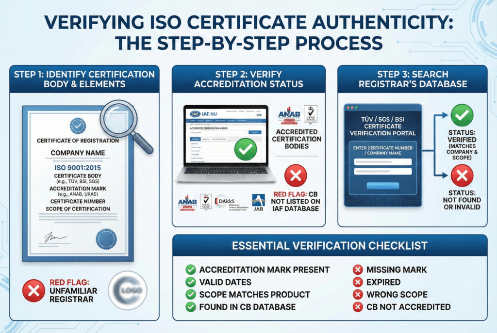Infografički vodič koji ilustrira proces u tri koraka za provjeru autentičnosti ISO certifikata. Prvi korak uključuje prepoznavanje ključnih elemenata certifikata i znakova upozorenja. Drugi korak prikazuje provjeru statusa akreditacijskog tijela putem IAF baze podataka, s primjerima akreditiranih i neakreditiranih tijela. Treći korak prikazuje pretraživanje javne baze podataka registra radi provjere. Završni kontrolni popis sažima ključne elemente za potvrdu i znakove upozorenja koje treba izbjegavati.