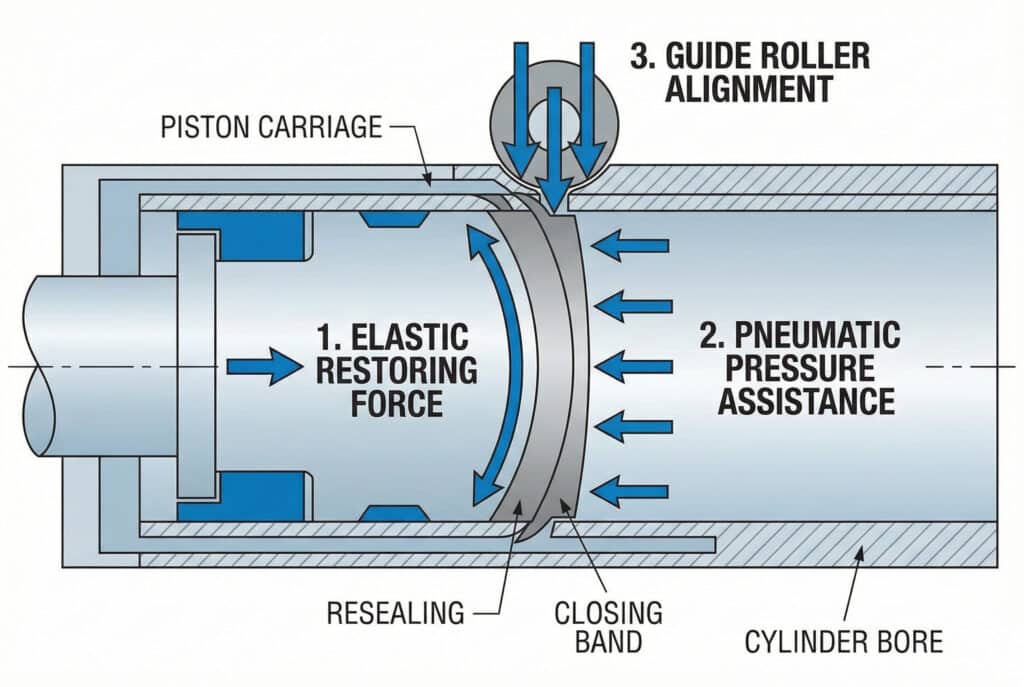 ロッドレスシリンダーのクロージングバンドに作用する3つの主な力（弾性復元力、ボア内部からの空気圧補助力、ガイドローラーのアライメント力）を示す技術図。ピストンキャリッジ、クロージングバンド、シリンダーボアにもラベルが貼られている。.
