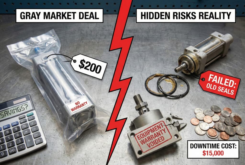 Infografika s podijeljenim panelima koja upoređuje "POSAO NA SIVOJ TRŽIŠTI" s lijeve strane, s novim, jeftinim cilindrom označenim "$200" i "BEZ GARANCIJE" pored kalkulatora, sa "STVARNOST SKRIVENIH RIZIKA" s desne strane, koja prikazuje rastavljeni, neispravni cilindar sa "STARIM ZATVORIMA," slomljenu komponentu označenu natpisom "GARANCIJA ZA OPREMU NIJE VAŽEĆA" i etiketu "KOST STANJA: $15.000".