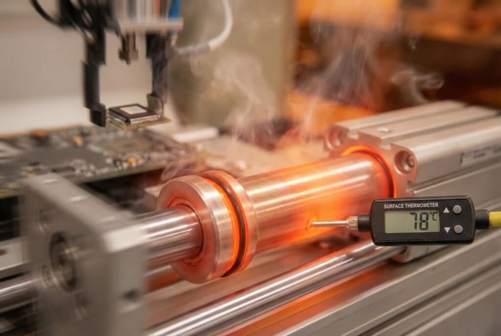 ภาพถ่ายระยะใกล้ของกระบอกสูบนิวเมติกในเครื่องหยิบและวางในอุตสาหกรรม ซึ่งกำลังส่องแสงสีแดงร้อนจากการทำงานด้วยความถี่สูง เทอร์โมมิเตอร์ดิจิทัลที่ติดอยู่กับพื้นผิวของกระบอกสูบแสดงอุณหภูมิ 78°C และควันลอยขึ้นจากส่วนประกอบที่ร้อนเกินไป.