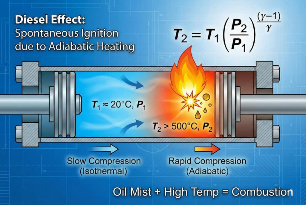แผนภาพอินโฟกราฟิกที่แสดงผลกระทบของดีเซลในกระบอกสูบนิวเมติก เปรียบเทียบการบีบอัดแบบช้าและคงอุณหภูมิ (สีน้ำเงินเย็น, T1 ≈ 20°C) กับการบีบอัดแบบรวดเร็วและไม่มีสารทำความเย็น (สีส้ม/แดงร้อน, T2 > 500°C) แสดงให้เห็นหมอกน้ำมันติดไฟเนื่องจากความร้อนสูงมากสูตรทางอุณหพลศาสตร์ T₂ = T₁(P₂/P₁)^((γ-1)/γ) ถูกแสดงไว้.