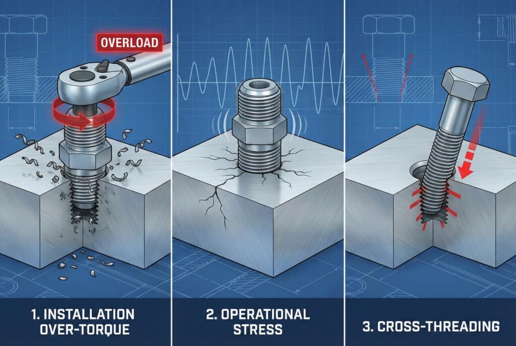 ภาพประกอบทางเทคนิคสามแผงบนพื้นหลังแบบพิมพ์เขียวที่แสดงรายละเอียดกลไกความล้มเหลวของเกลียว แผงที่ 1 "การขันเกินแรงบิด" แสดงประแจวัดแรงบิดที่มีป้ายกำกับว่า "โอเวอร์โหลด" กำลังตัดเกลียวและสร้างเศษโลหะ แผงที่ 2, "ความเครียดในการปฏิบัติงาน," แสดงให้เห็นข้อต่อที่สั่นสะเทือนทำให้เกิดรอยแตกร้าวจากความเหนื่อยล้าในบล็อกโลหะ. แผงที่ 3, "เกลียวไขว้," แสดงให้เห็นสลักเกลียวที่เข้าไปในมุมเอียง ทำให้เกลียวเสียหายพร้อมตัวบ่งชี้การไม่ตรงแนวสีแดง.