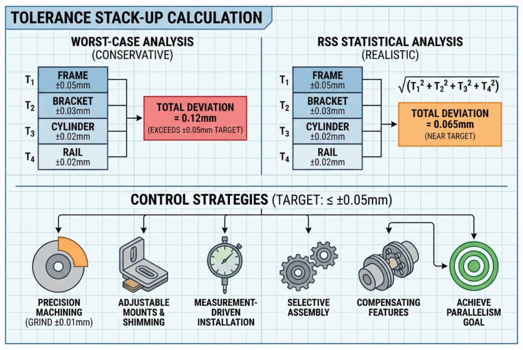 אינפוגרפיקה טכנית הממחישה את חישוב ובקרת הצטברות הסבילות. החלק העליון משווה בין "ניתוח המקרה הגרוע ביותר (שמרני)" ו"ניתוח סטטיסטי RSS (ריאליסטי)" עם סבילות רכיבים ספציפיות, ומראה שהראשון חורג מהיעד של ±0.05 מ"מ, בעוד שהשני קרוב אליו. החלק התחתון מפרט "אסטרטגיות בקרה" כגון עיבוד מדויק, תושבות מתכווננות והתקנה מונחית מדידה כדי להשיג את מטרת המקבילות.