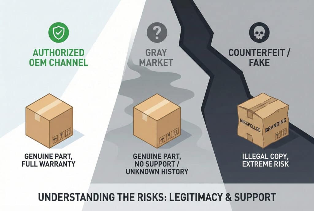 Infografika koja vizualizira razlike između kanala nabavke proizvoda "ovlašteni OEM kanal" (niski rizik, puna podrška), "sivi tržište" (srednji do visoki rizik, bez podrške) i "lažni/falsificirani" (ekstremni rizik, ilegalno).