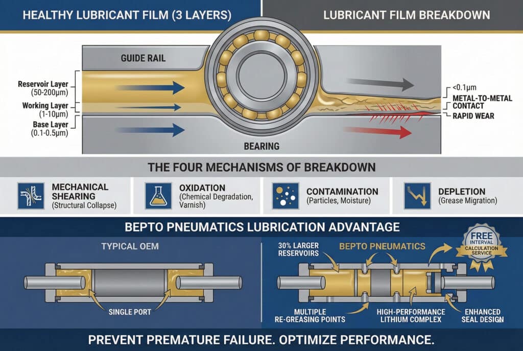 อินโฟกราฟิกที่แสดงการสลายตัวของฟิล์มหล่อลื่นและข้อได้เปรียบของ Bepto Pneumatics ส่วนบนแสดงการเปรียบเทียบระหว่าง "ฟิล์มหล่อลื่นที่สมบูรณ์ (3 ชั้น)" บนตลับลูกปืนและ "การสลายตัวของฟิล์มหล่อลื่น" ที่นำไปสู่การสัมผัสระหว่างโลหะกับโลหะ ส่วนกลางแสดงรายละเอียด "กลไกการสลายตัวทั้งสี่": การเฉือนเชิงกล, การออกซิเดชัน, การปนเปื้อน และการลดลงส่วนล่างสุด "ข้อได้เปรียบของการหล่อลื่น Bepto Pneumatics" เปรียบเทียบกระบอกสูบ "OEM ทั่วไป" กับกระบอกสูบ "Bepto Pneumatics" โดยเน้นคุณสมบัติต่างๆ เช่น ถังเก็บน้ำมันขนาดใหญ่กว่า 30% จุดเติมจาระบีหลายจุด และบริการคำนวณช่วงเวลาการหล่อลื่นฟรี.